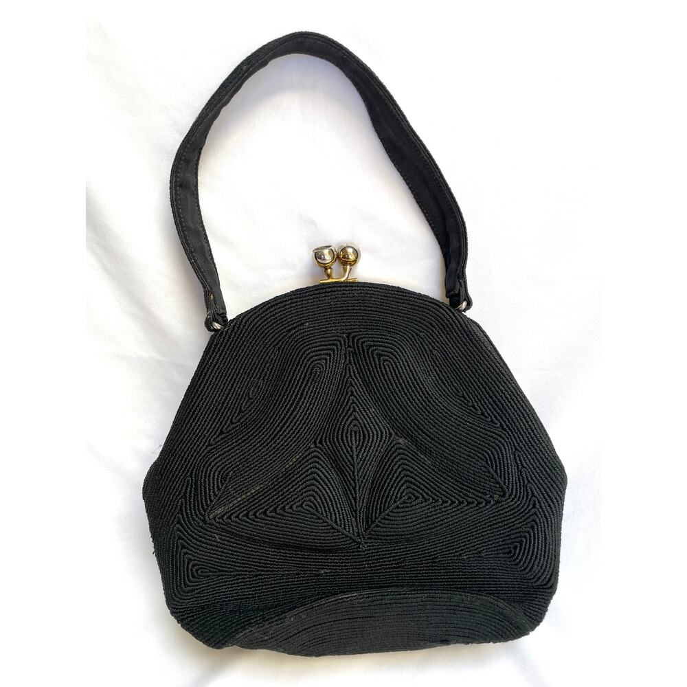 Vintage 1940s Genuine Corde Black Kisslock Elegant Small Evening Purse Handbag